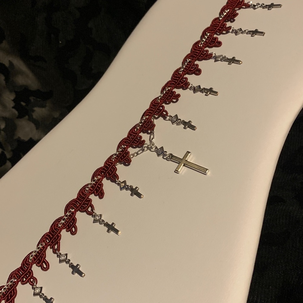 O.O.A.K. Red Ribbon Silver Rhinestone Cross Choker - Picture 6 of 13